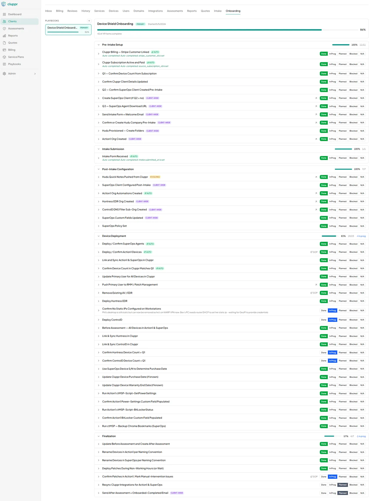 cluppr onboarding playbook — Device Shield service plan with per-step provisioning actions and per-stage progress tracking