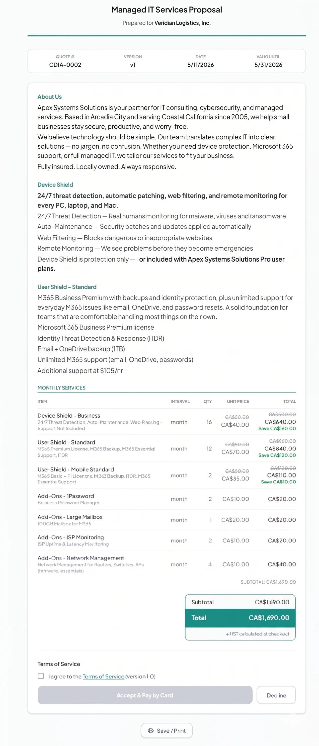 cluppr quote builder — managed IT services proposal with line items, recurring totals, and accept-by-card flow